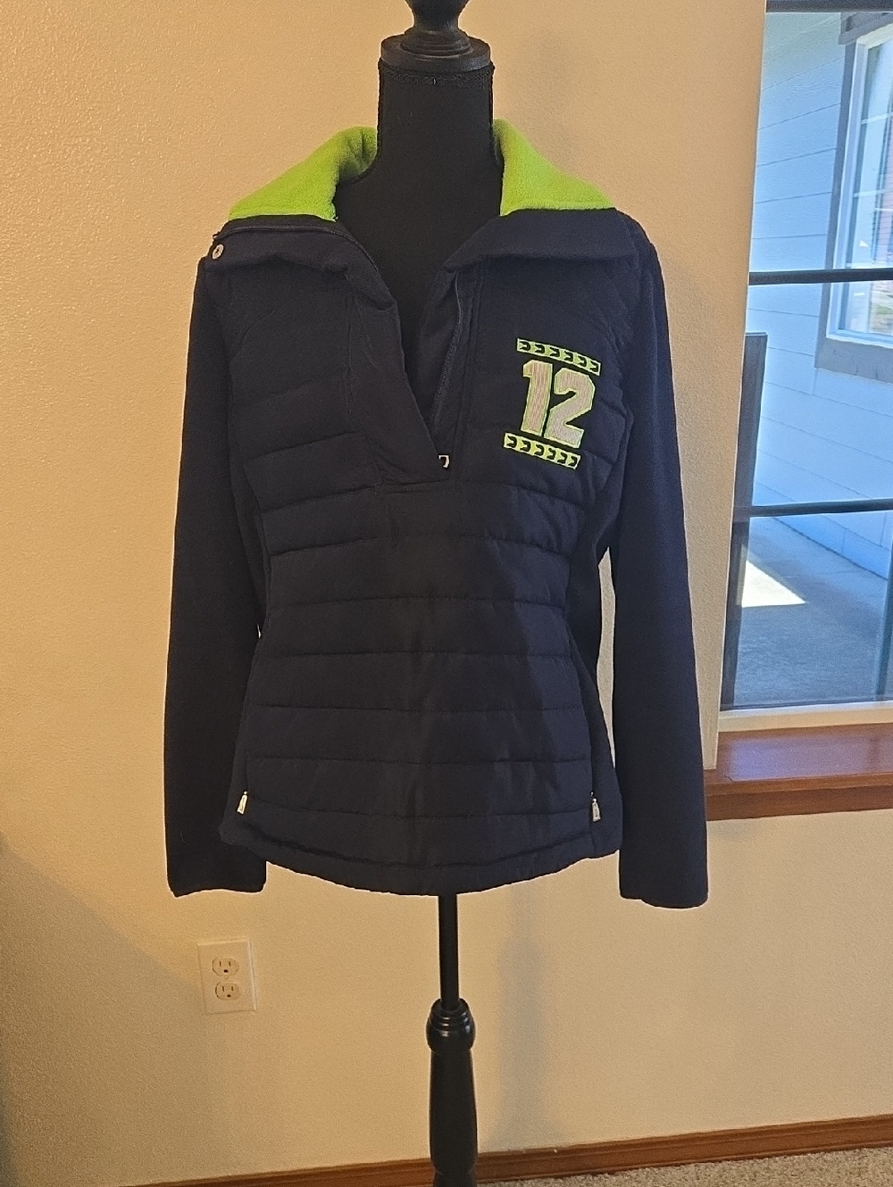 Navy Puffer Pullover with Lime Green Accents - Number 12 Graphic